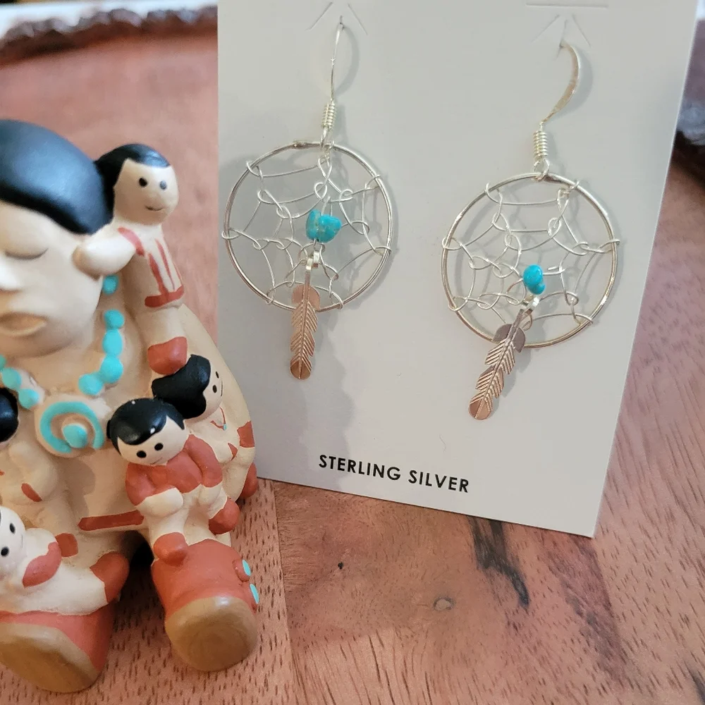 Sterling Silver & Turquoise Dreamcatcher Earrings Southwestern Boho Western
